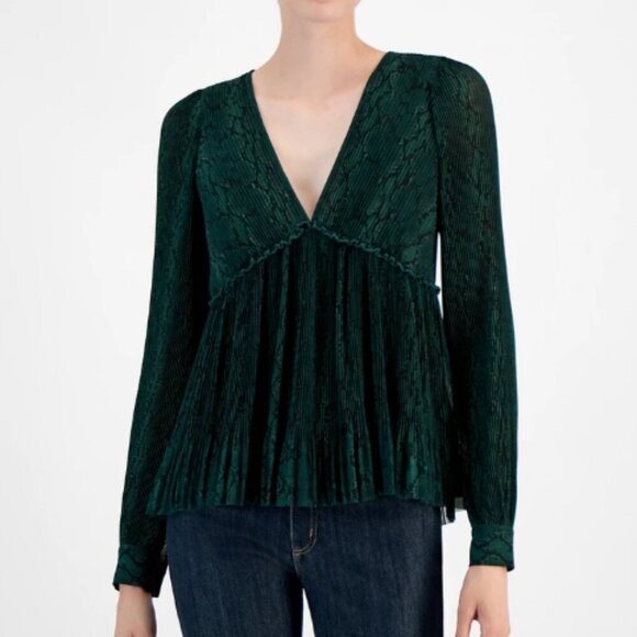 NEW Michael Kors Womens XL Printed Pleated Top Moss Green V neck Blouse - Picture 1 of 10